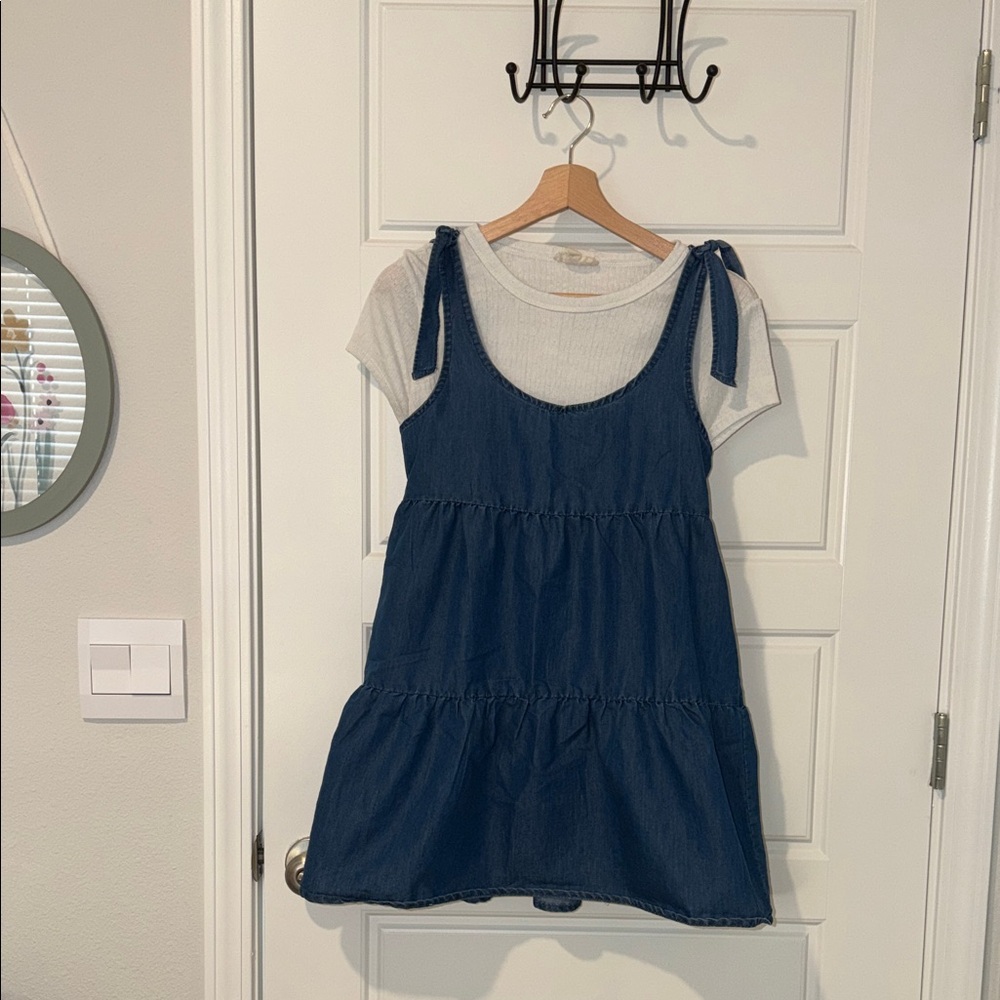 derek heart denim look dress with tie sleeves size small juniors